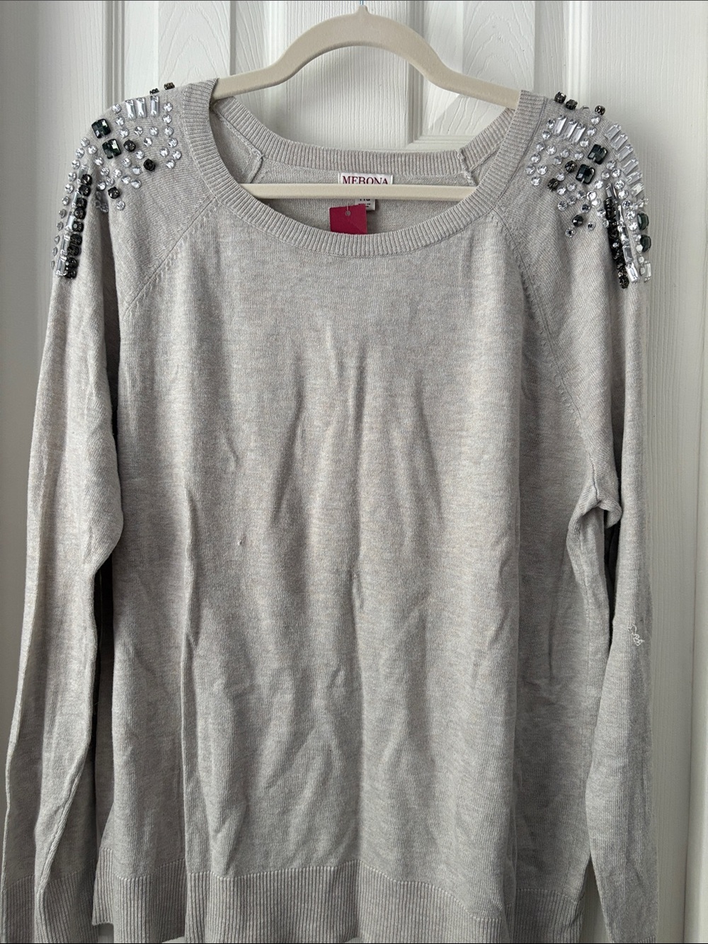 Merona Light Gray/Brown Jeweled rhinestone Shoulder Sweater crewneck XXL